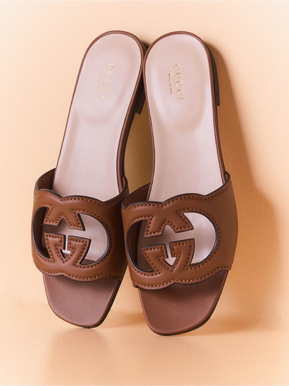 Gucci Leather Logo Cutout Flat Sandals